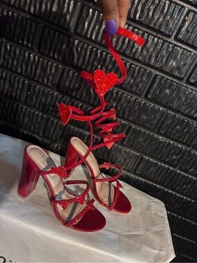Red Heart Lace-Up Block Heel Sandals